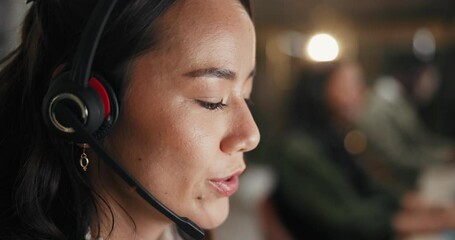 Poster - Woman, call center and agent with headphones at night for customer service or support at office. Female person, employee or consultant talking for communication, CRM or telemarketing at workplace