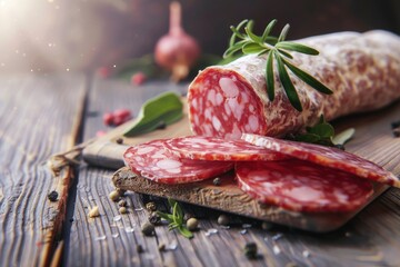 Wall Mural - Delicious italian salami on the table, selective focus and toned image - generative ai