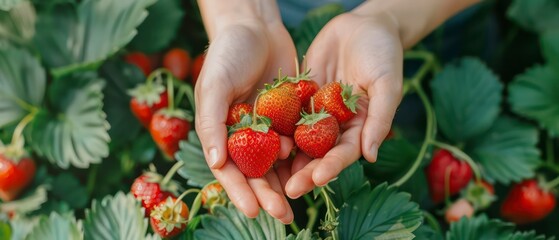 Wall Mural - Fresh, red strawberries nestled in hands, showcasing their ripe and sweet nature. A visual treat celebrating organic fruit and wholesome food