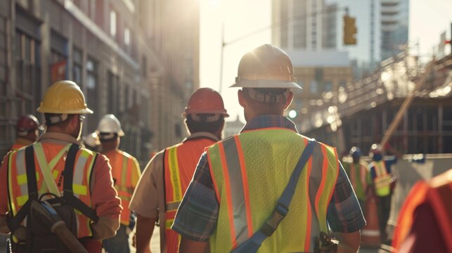 Construction workers on-site, all wearing helmets, safety vests, and gloves. They are following proper safety protocols, with safety signs visible in the background.