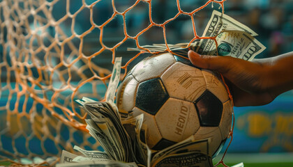 A soccer ball with money coming out of the goal, and someone's hand holding some dollar bills in front of it, gambling concept