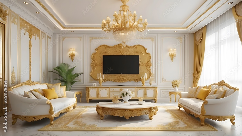 Royal luxury living room interior design with TV, golden and white ...