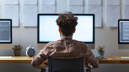 A man is sitting at a desk with three computer monitors in front of him. He is wearing a plaid shirt and has a beard. The scene suggests that he is working on a project that requires multiple screens