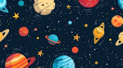 Wall Mural - seamless background with flat illustration of outer space, including planets and stars, for a cosmic