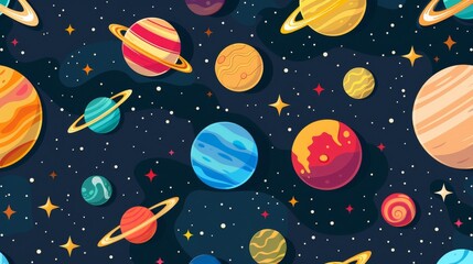 Wall Mural - seamless background with flat illustration of outer space, including planets and stars, for a cosmic