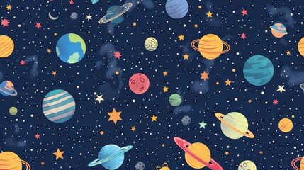 Wall Mural - seamless background with flat illustration of outer space, including planets and stars, for a cosmic