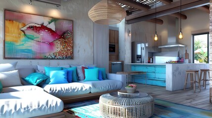 Wall Mural - beach interior living room. combination of photo and sketch 