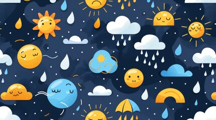 Wall Mural - seamless background with flat illustration of weather icons such as sun, rain, and clouds.