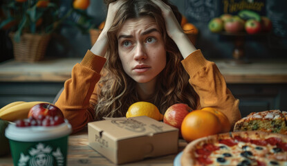 Wall Mural - A woman sitting at a table with fruit and a pizza box on it. She is looking sad next to her, there is an open cake.