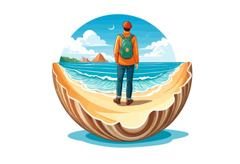 Wall Mural - Illustration of a Person Standing on a Shell at the Beach, Looking Out at the Ocean