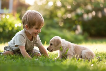 Wall Mural - a little boy playing with a puppy in the garden