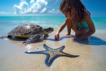 Wall Mural - a girl and a sea turtle on the beach