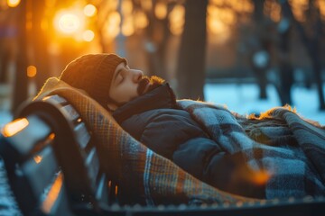 Sticker - a man sleeping on a bench in the winter