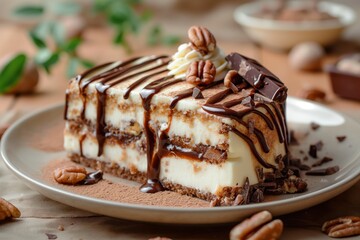 Wall Mural - a piece of cheesecake with chocolate and nuts