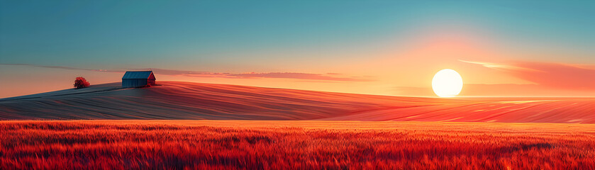 Sticker - Stunning Sunset Over Rolling Hills with a Lone Barn and Vibrant Red Fields