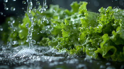 Wall Mural - Fresh Green Lettuce Being Washed with Water Droplets in a Kitchen Setting, Close-Up Shot