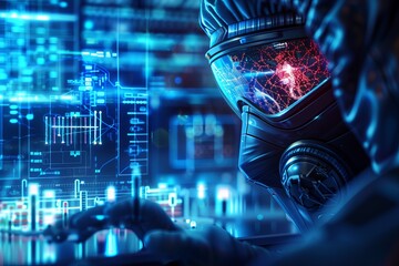 Futuristic scene of a person in a high-tech suit operating advanced digital interfaces, portraying innovation and advanced technology.
