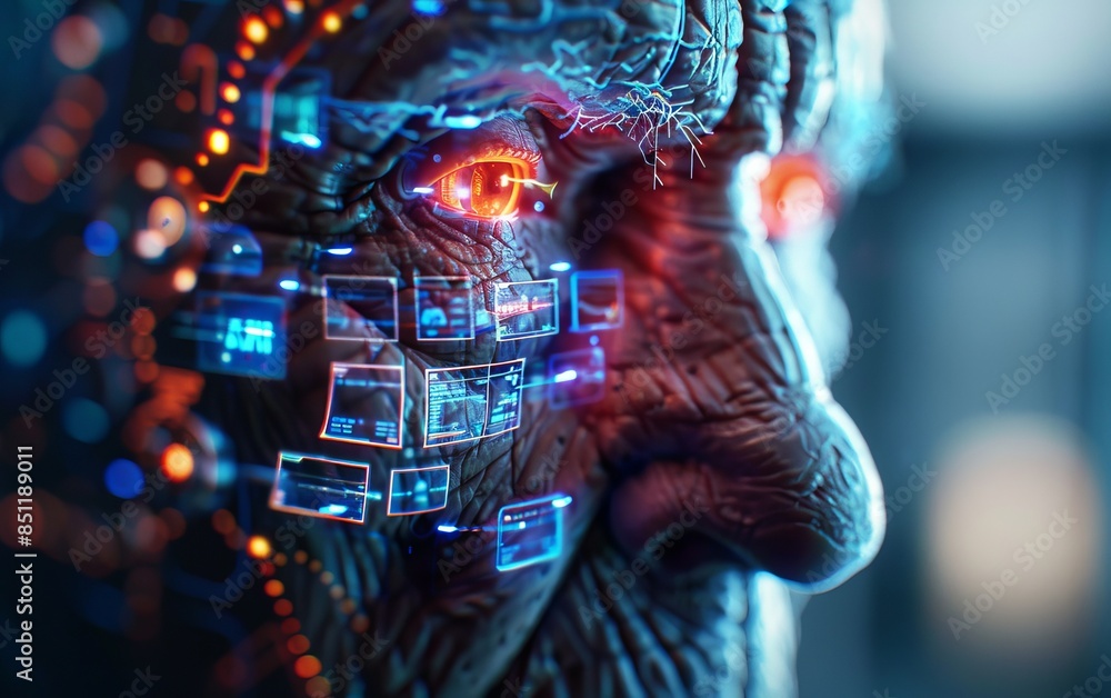 Futuristic AI-enhanced old man with glowing eyes and digital interface ...