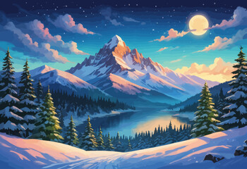 Wall Mural - Moonlit Mountainous Lake Scene with Snow-Capped Pine Trees and a Glowing Full Moon