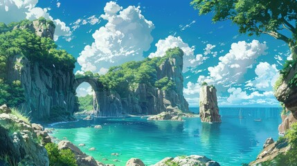 Wall Mural - a serene coastal landscape featuring a lush green tree, crystal blue water, and fluffy white clouds under a clear blue sky