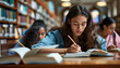 © France - Image of students studying in the school library, education, learning, student, girl, library, books, notes, pen, teenagers, school, AI-generated.