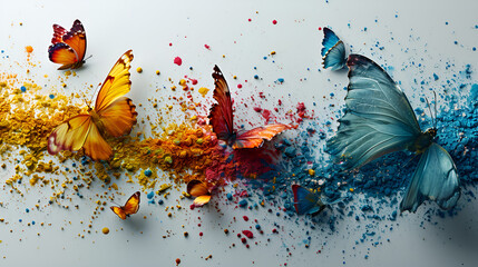 Butterflies gracefully soar through the air amidst vibrant smoke, creating a mesmerizing display of colors.