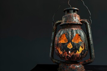 Canvas Print - A scary old Halloween lantern on black, pumpkin - generative ai