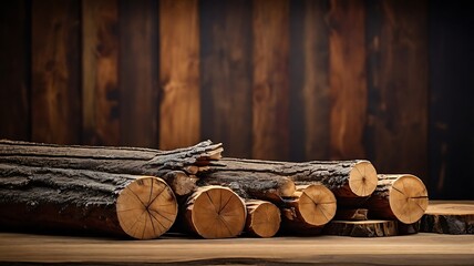 Cut firewood on wooden background. Heating in winter