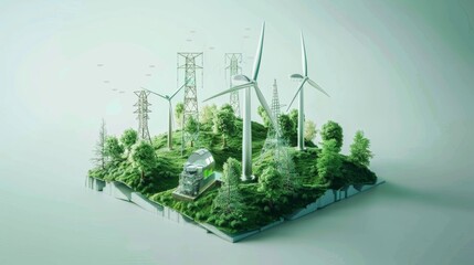 This image showcases a small green island with wind turbines, power lines, and trees representing renewable energy and sustainable development for SEO.