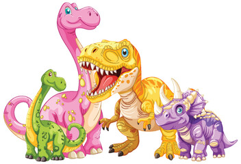 Sticker - Four vibrant dinosaurs in a playful scene