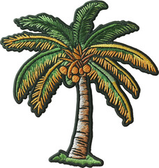 embroidered tropical palm tree patch with coconuts isolated on transparent background.