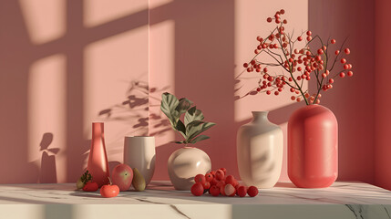 3D scene abstract geometry and vase and plant with sunlight and pink background