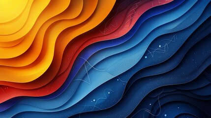 Wall Mural - A modern abstract background with a vibrant gradient of colors transitioning from deep blue to bright yellow, overlaid with a pattern of intersecting lines and circles that create a sense of depth.