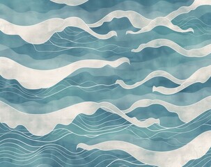 An illustration of ocean waves in a blue and white color scheme. AI.