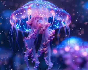 Wall Mural - Bioluminescent jellyfish illuminate the deep blue sea with a mesmerizing display of light. AI.