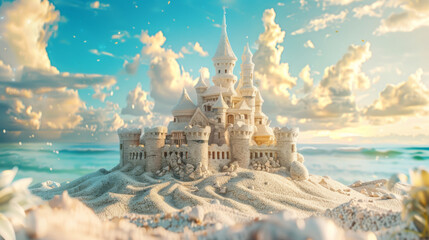 sand castle on the beach with blue sky and white clouds. fantasy world