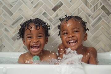 Wall Mural - Two black children were playing with green water toys in a white bathtub, laughing happily. Bathroom toy