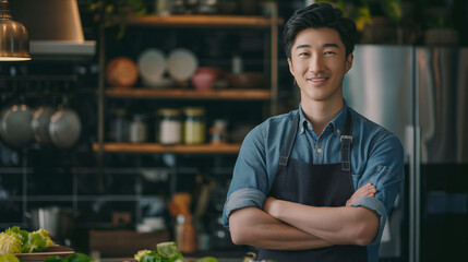 Asian male chef wearing an apron Pose confidently for the camera in the kitchen. It offers healthy food and healthy food ideas. Hotels