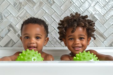 Canvas Print - Two black children were playing with green water toys in a white bathtub, laughing happily. Bathroom toy