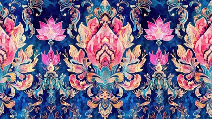 Wall Mural - Digitally Designed Textile Pattern Inspired by Ikat Baroque and Embroidery with Watercolor Effect