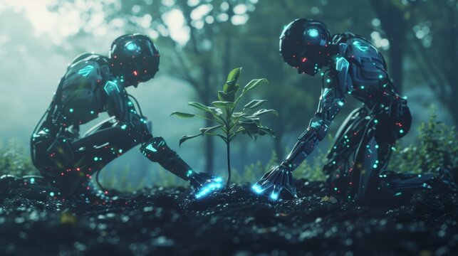 Two futuristic robots are planting a small sapling in a forest. Their glowing, metallic bodies highlight advanced technology and environmental care.