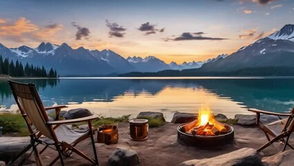 Wall Mural - wooden camping table on the background of an ideal place for camping on the shore of a mountain lake, a tent, a campfire