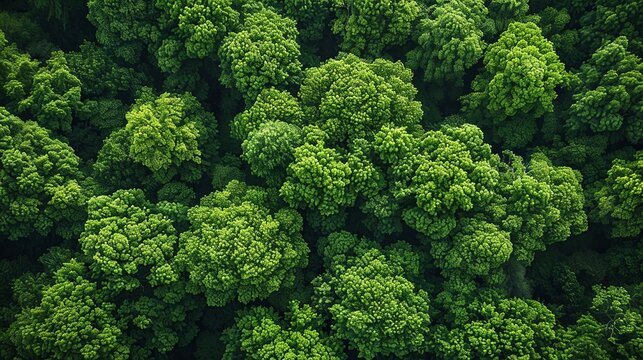 Abstract aerial view of a forested area in spring, where the varying shades of green and the patterns of the tree canopy create a visually captivating natural landscape. Abstract Backgrounds