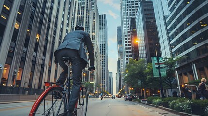 Wall Mural - Businessperson in a suit cycling to work, passing through a bustling urban area with skyscrapers in the background