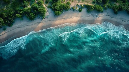 Canvas Print - Aerial photograph of a winding coastline, with the waves creating intricate patterns on the sand and the different shades of blue in the water forming a stunning visual gradient. Abstract Backgrounds