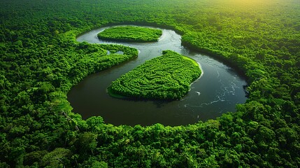 Canvas Print - Aerial shot of a meandering river in a tropical rainforest, where the lush greenery and winding waterway create a beautiful and intricate natural pattern. Abstract Backgrounds Illustration,