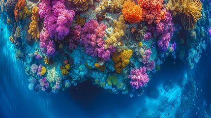 Poster - Close-up aerial view of a coral reef, where the vibrant colors and intricate patterns of the coral formations create a stunning underwater abstract landscape. Abstract Backgrounds Illustration,