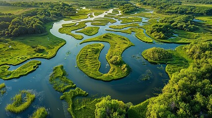 Wall Mural - Detailed aerial photograph of a wetland area, where the natural patterns of water channels and vegetation form a unique and visually captivating abstract landscape. Abstract Backgrounds Illustration,