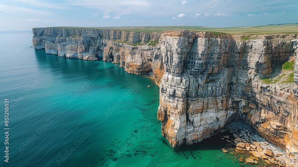 Detailed aerial view of a coastal cliff, where the contrast between the ...
