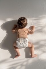 Wall Mural - Child psychology, photography top view Baby crawling on white floor
